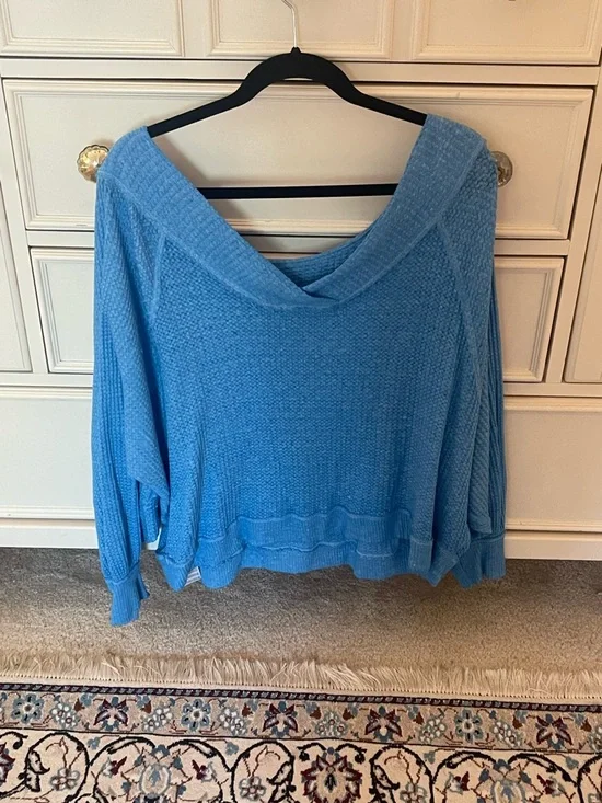 Free People Sky Blue Off-Shoulder Waffle Knit Top - Picture 2 of 5